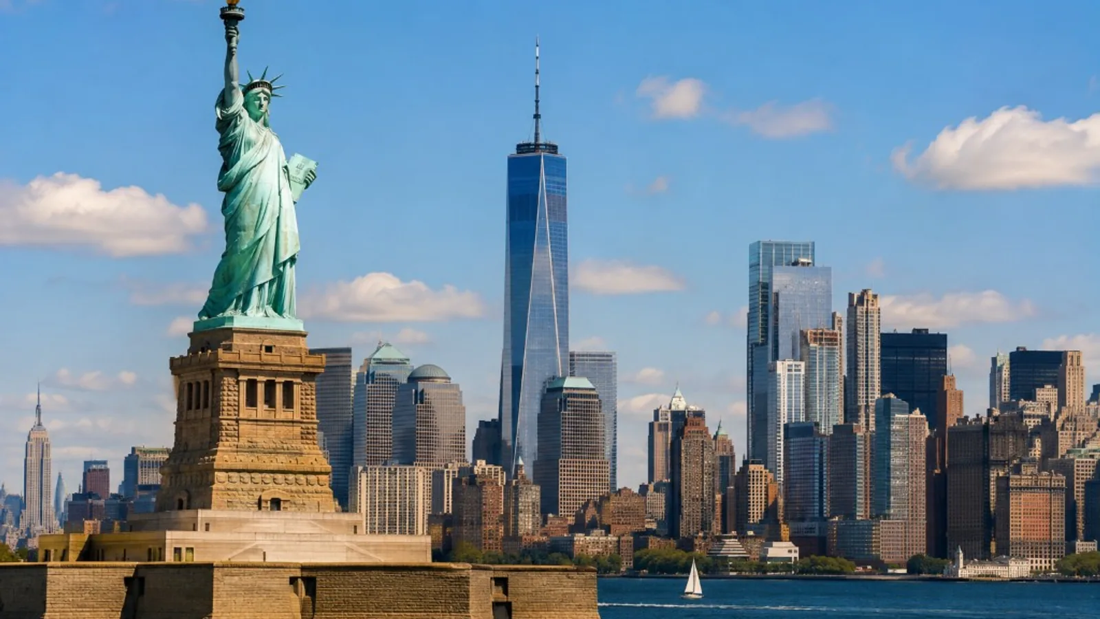 The Statue of Liberty and the Lower Manhattan skyline