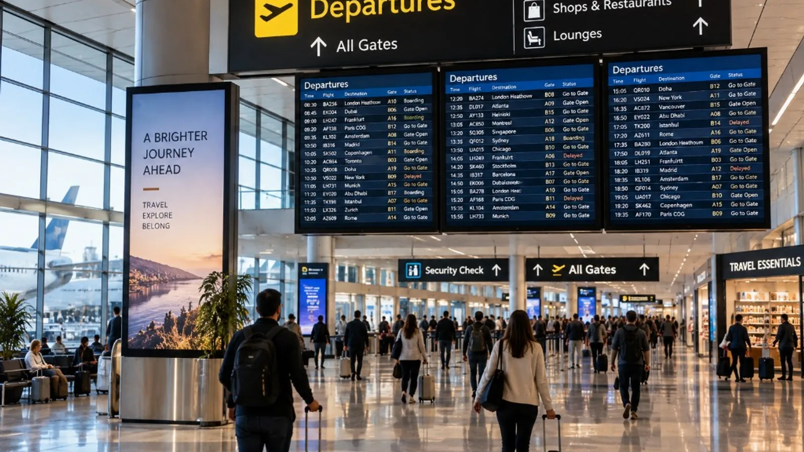 International airport departures hall and flight information boards